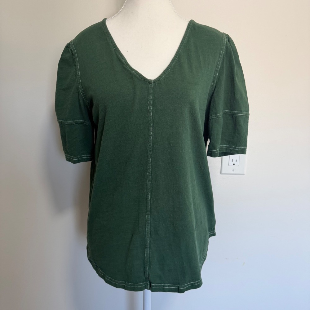 Weekend Suzanne Betro V-Neck Contrast Stitch Top Womens L Green Slub Knit